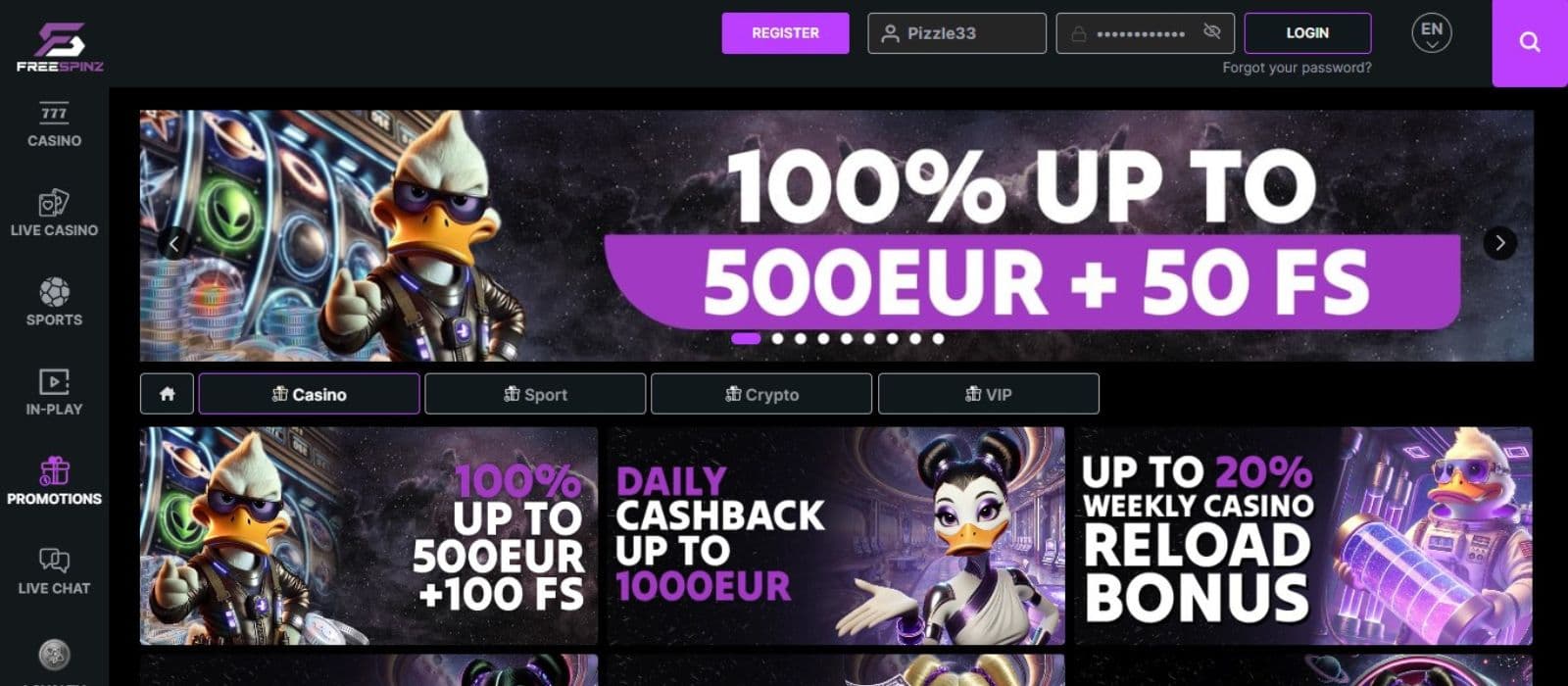 Freespinz Casino's promotions page, showing the welcome and weekly reload bonuses.