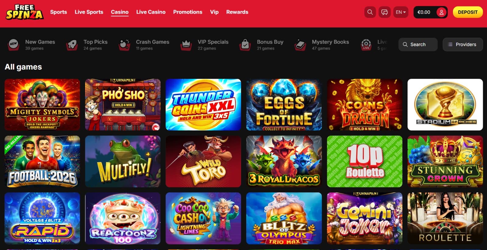 Free Spinza Casino's games page featuring slot icons under game tab categories, search bar and provider filter