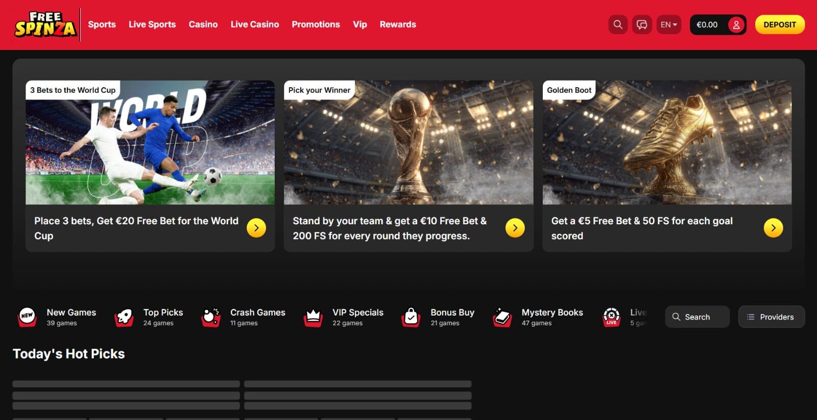 Free Spinza Casino's landing page with sports bonus cards, game categories and weekly hot picks
