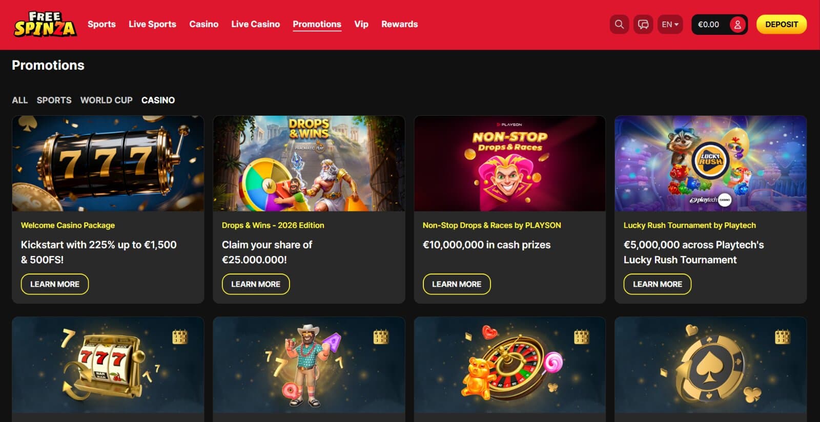 Free Spinza Casino's promotions page featuring the welcome bonus, weekly reload offers, cashback and other recurring campaigns