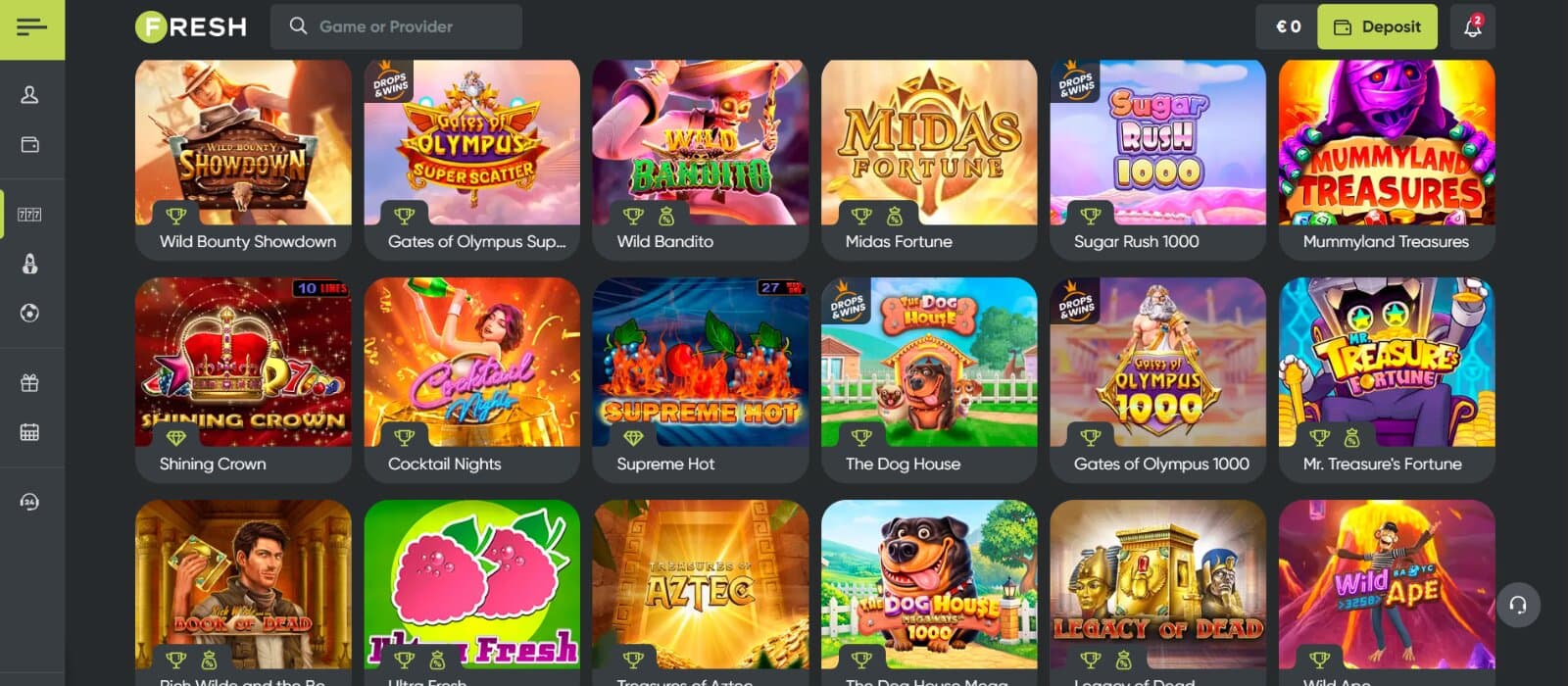 FreshCasino games page featuring the slot and table game icons under search filter and side menu