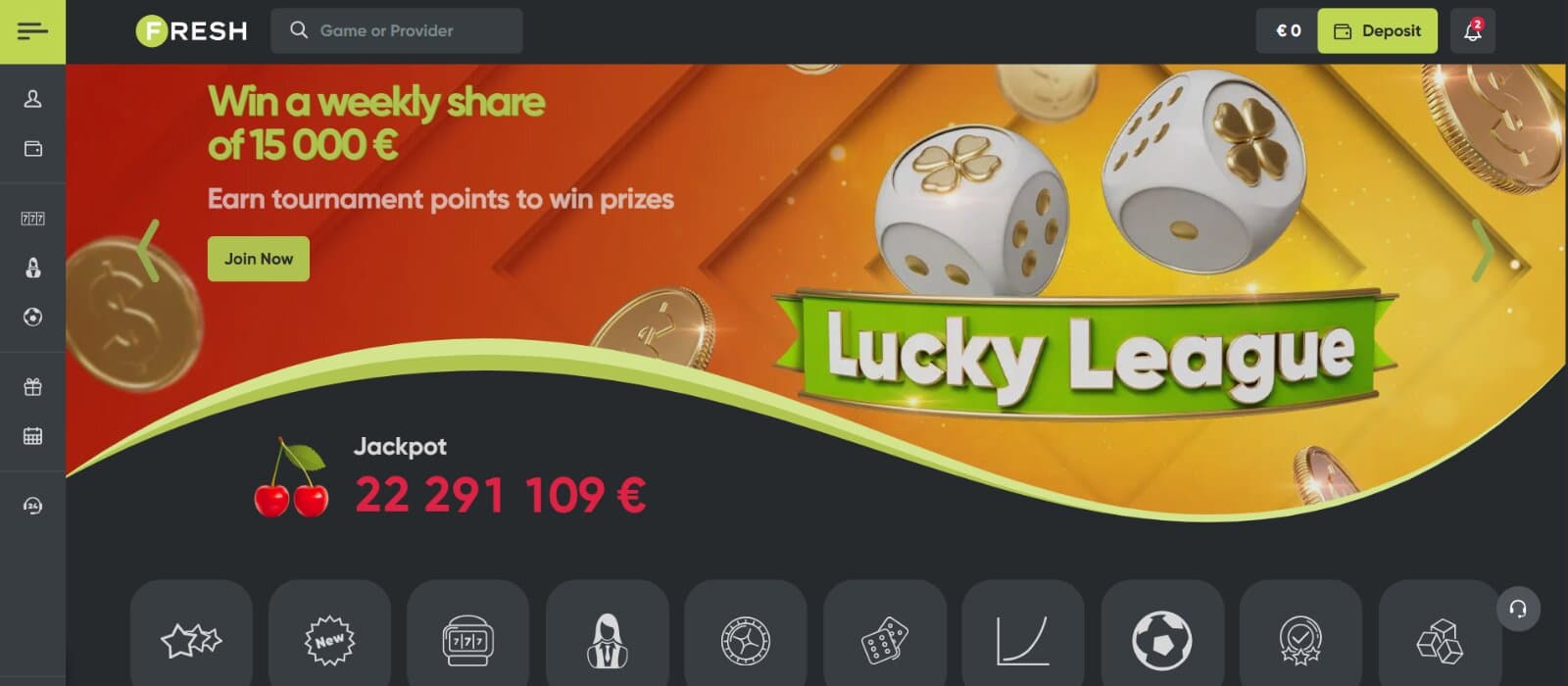 FreshCasino landing page featuring a jackpot promotion banner, main lobby game tabs, and side navigational menu