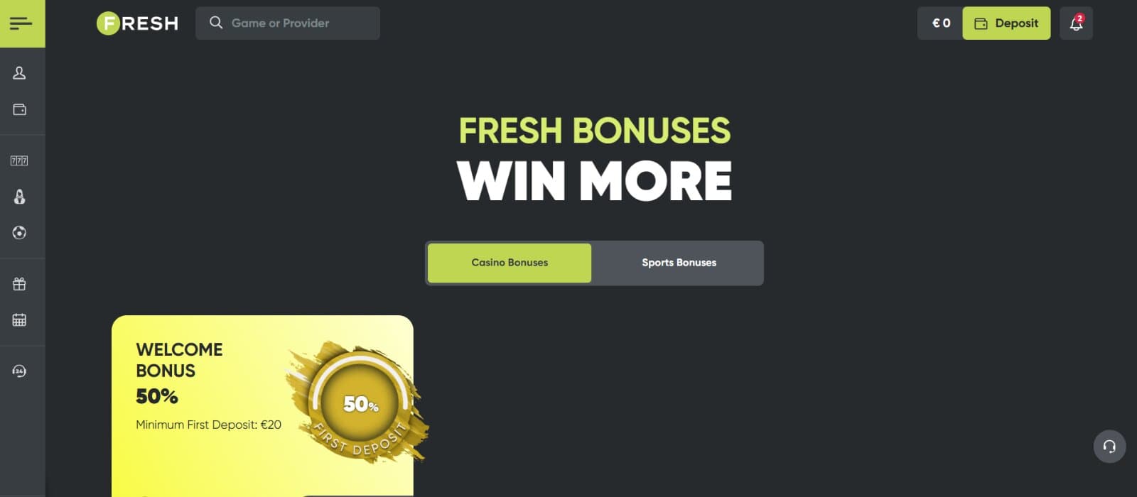 FreshCasino promotions page featuring the welcome casino bonus with respective banner image