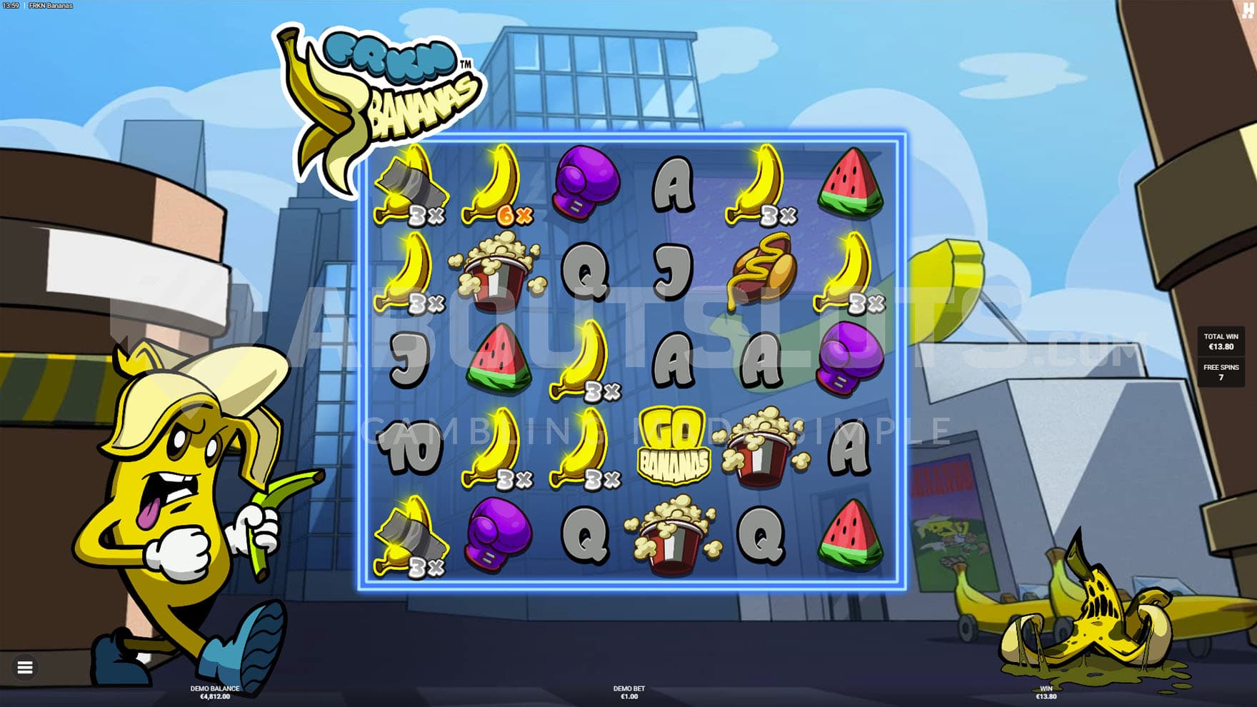 Banana Blitz! Free Spins in progress with the Go Bananas feature triggered and multiple sticky Wilds on the grid.