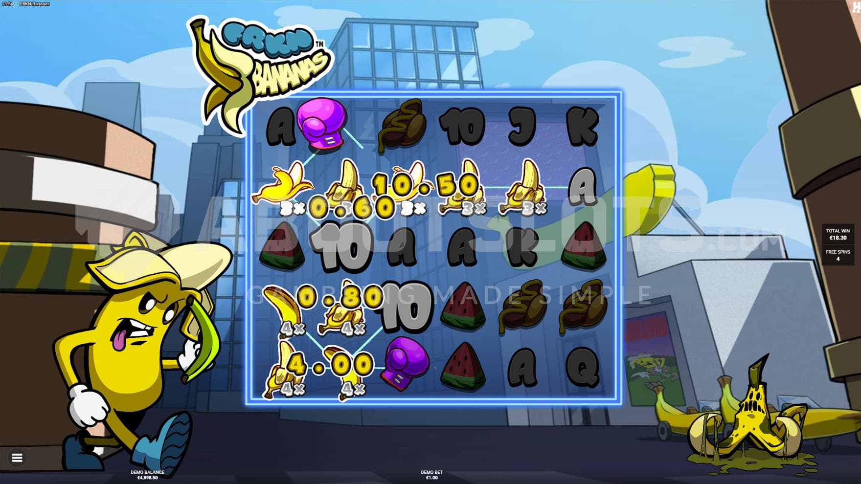 Free Spins bonus in progress, with multiple banana Wilds with multipliers on the grid.