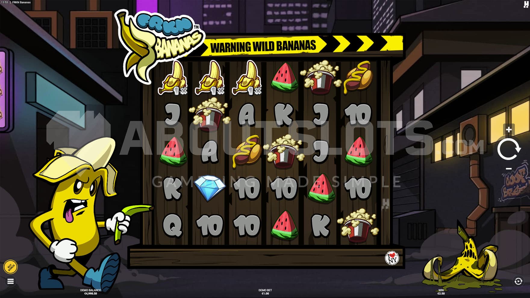 Base Game view of a 6x5 grid set on a backdrop of a night city, with a human-like banana and a small monster banana on both sides of the grid.