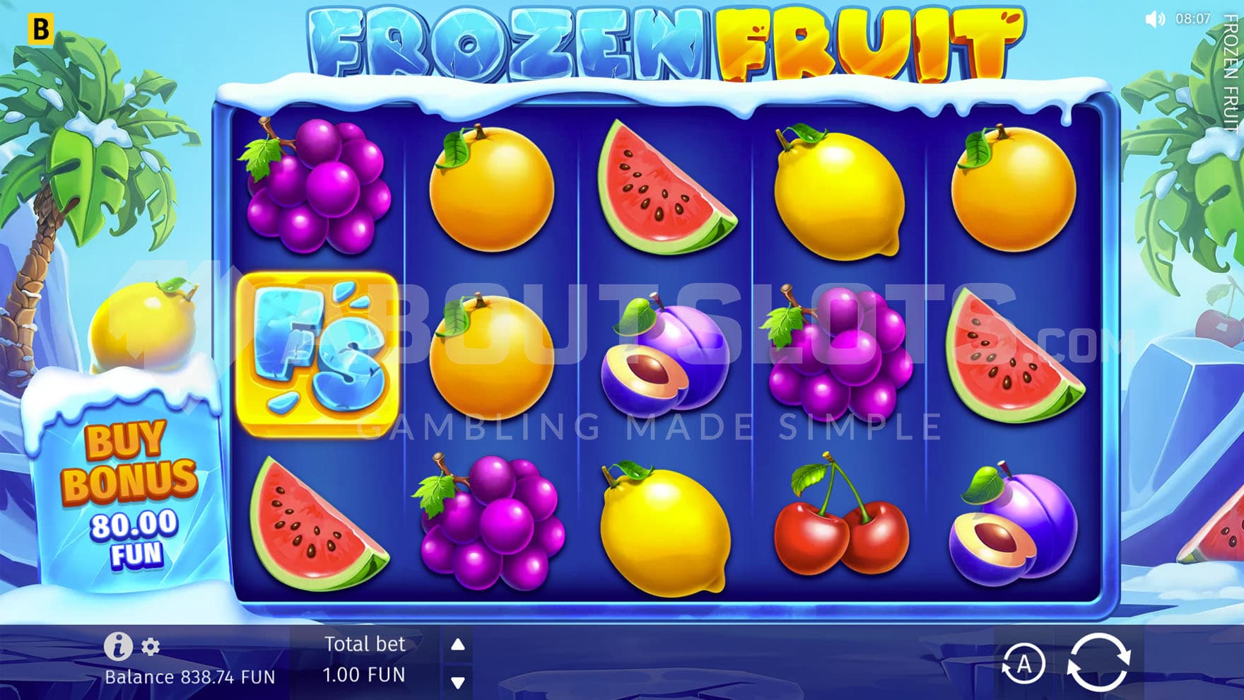 Base Game view of a 5x3 grid on a backdrop of a frozen tropical landscape.