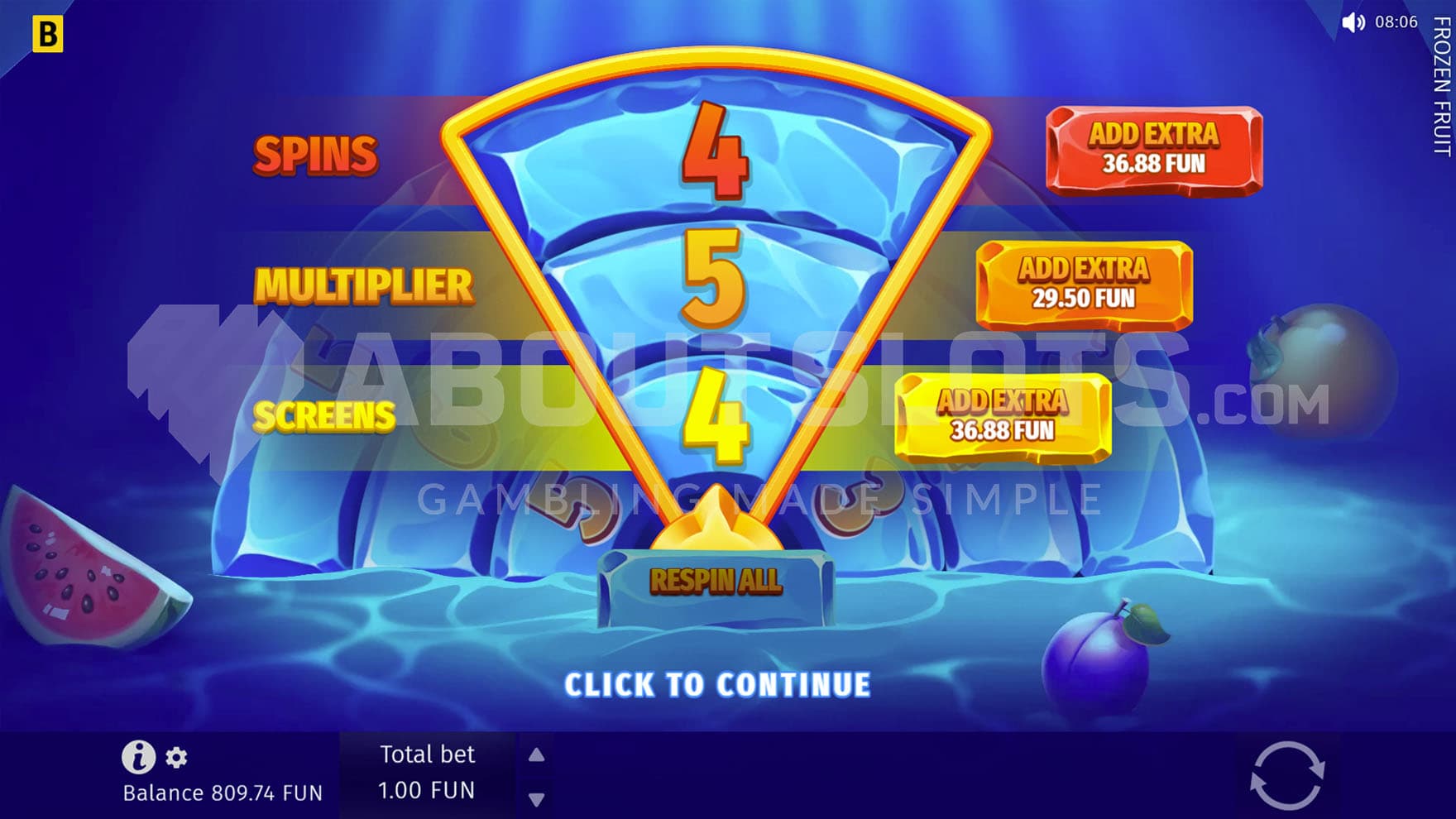 Pre-Bonus Game determining the number of spins, screens and the multiplier.