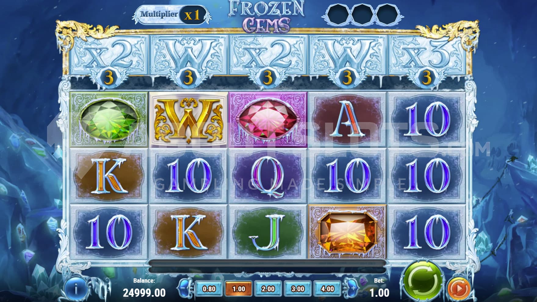 Base Game view of a 5x3 grid on a backdrop of a frozen cavern.