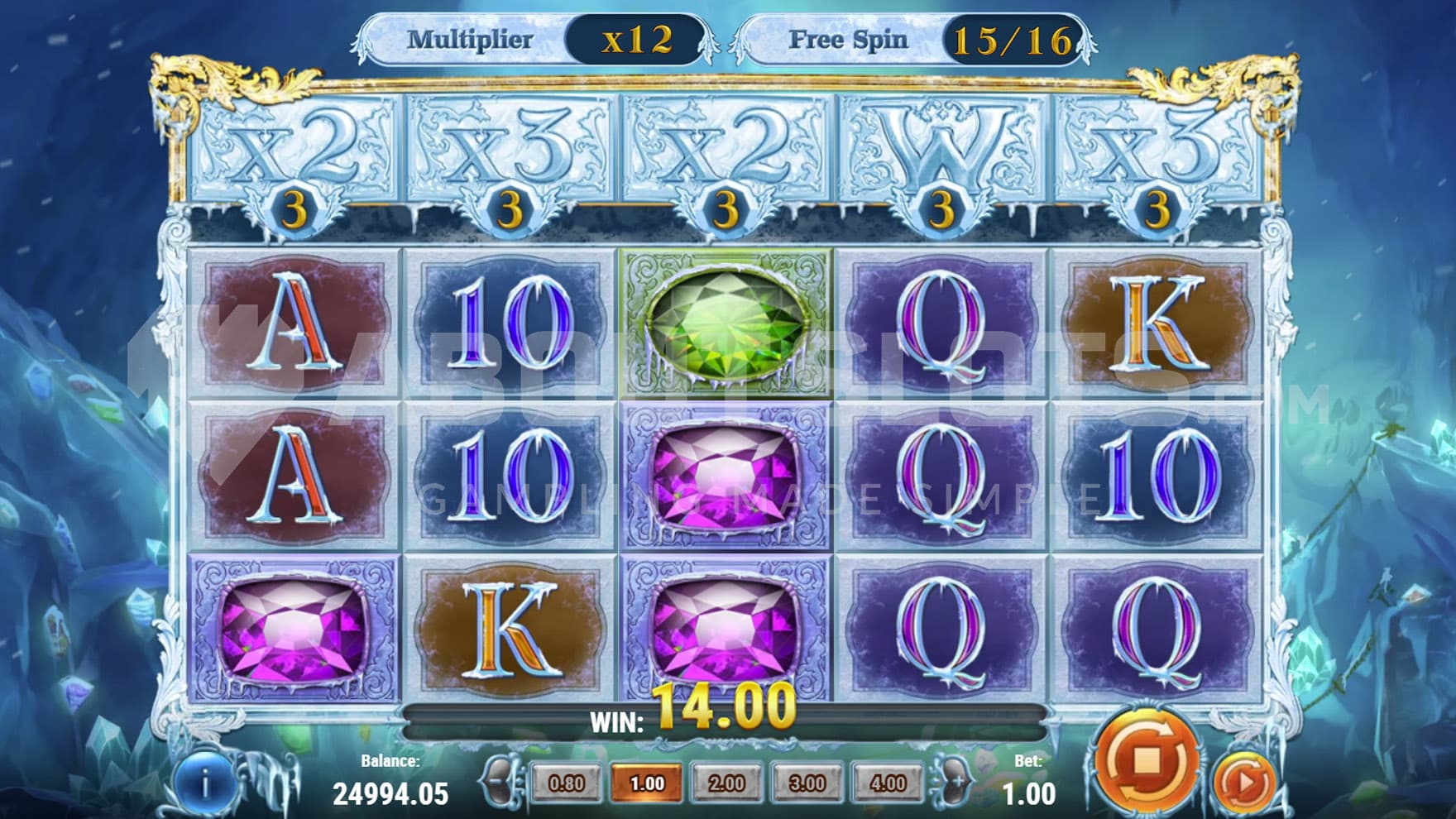 Frozen Spins bonus in progress, showing a win multiplier increased to x12.
