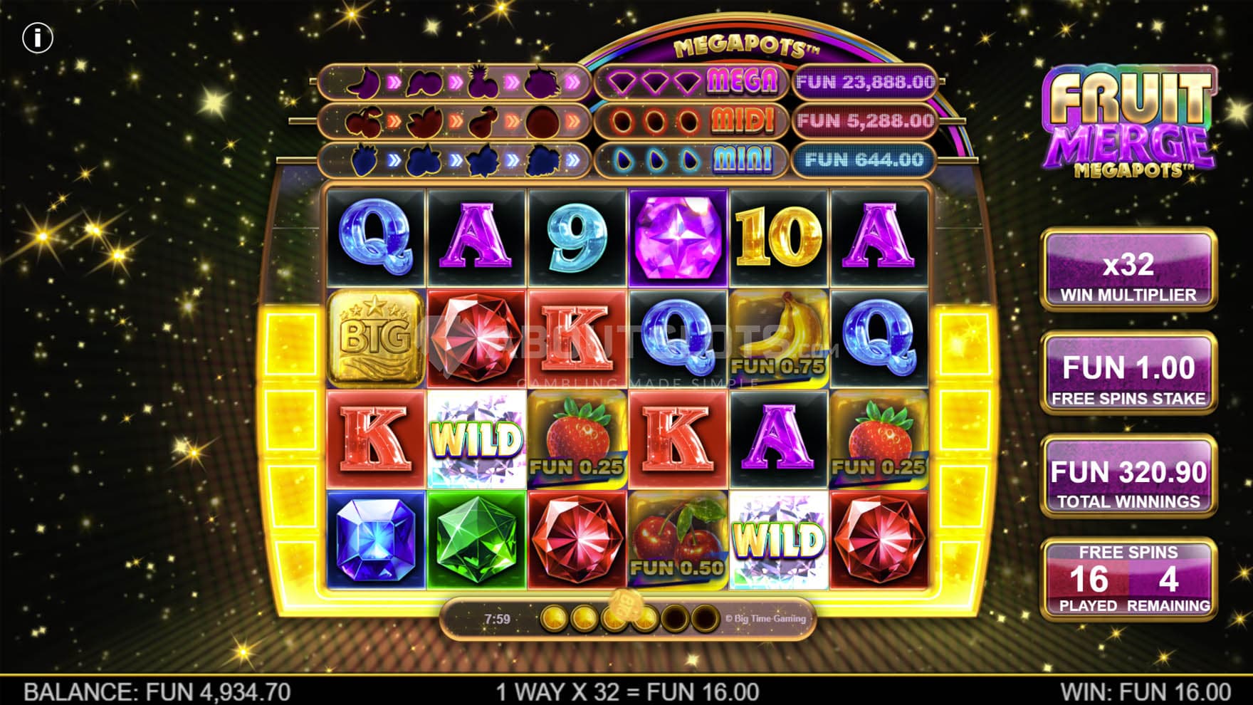Free Spins bonus in progress, showing the global multiplier increased to x32.