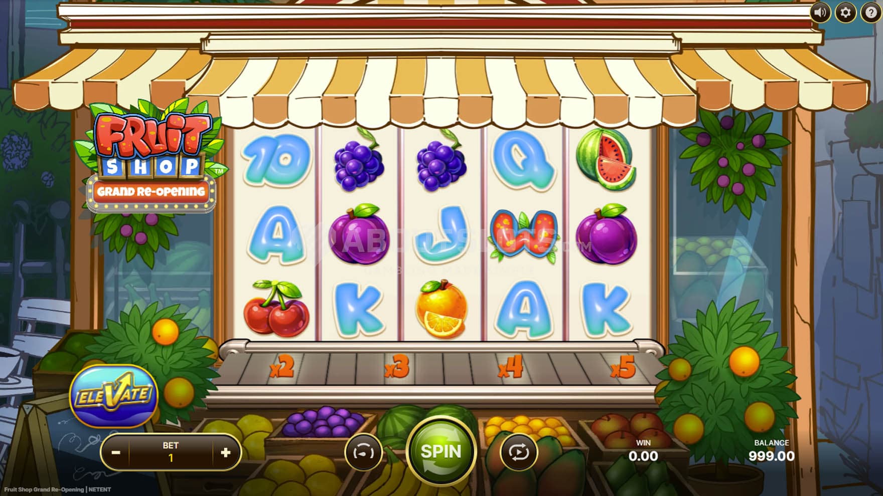 Screenshot of a base game, with a 5x3 grid nested inside a fruit stall.