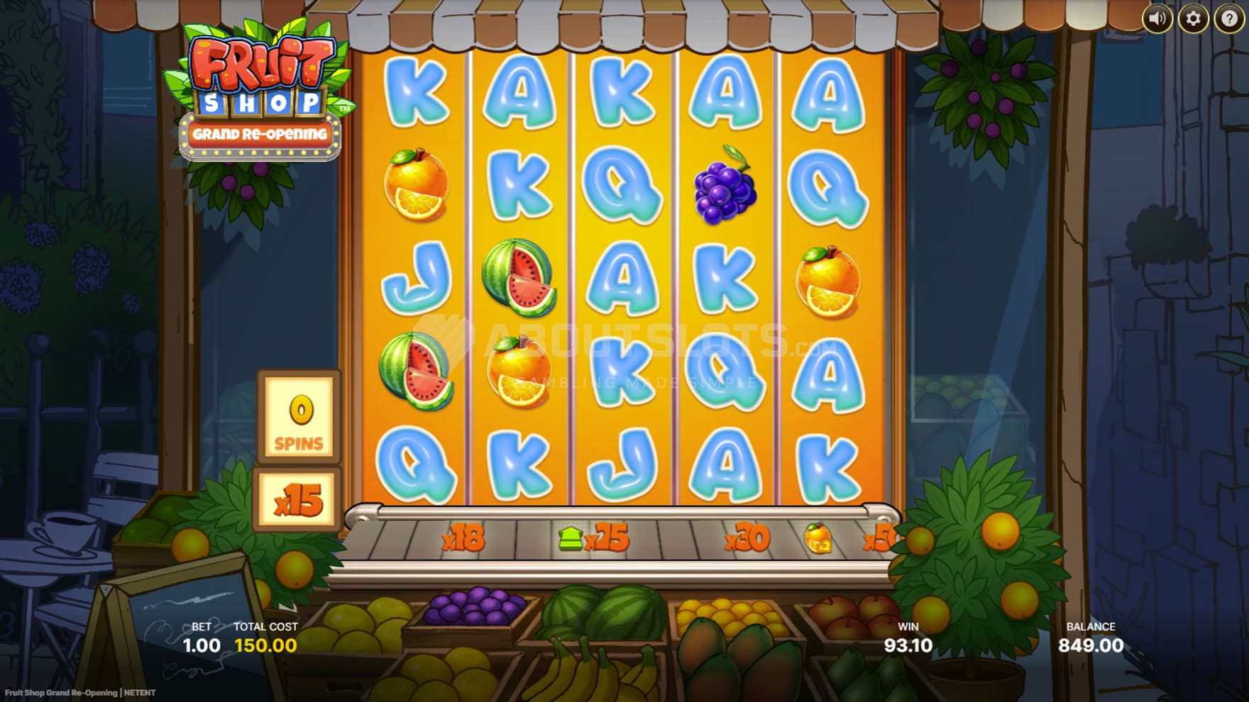 Screenshot of the Free Spins bonus in progress, with the win multiplier increased to x15.
