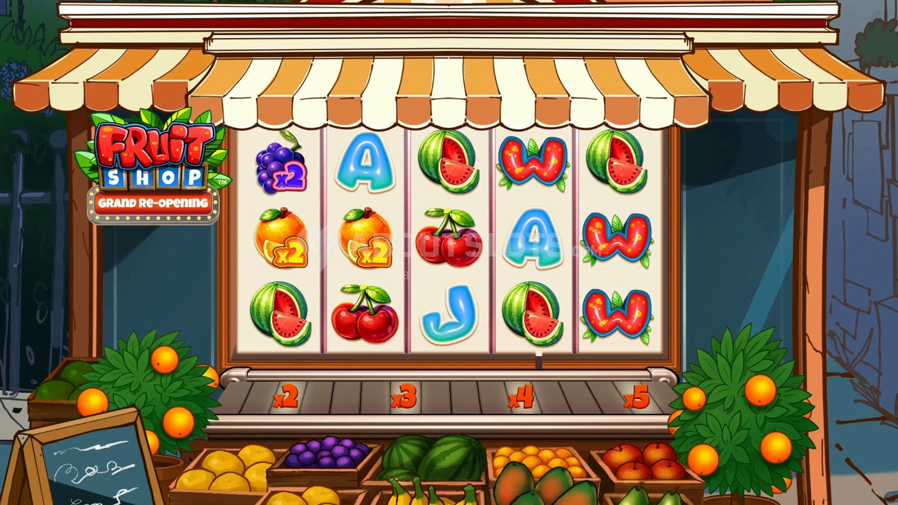 Preview screenshot of the base game in the Fruit Shop Grand Re-Opening online slot by NetEnt.