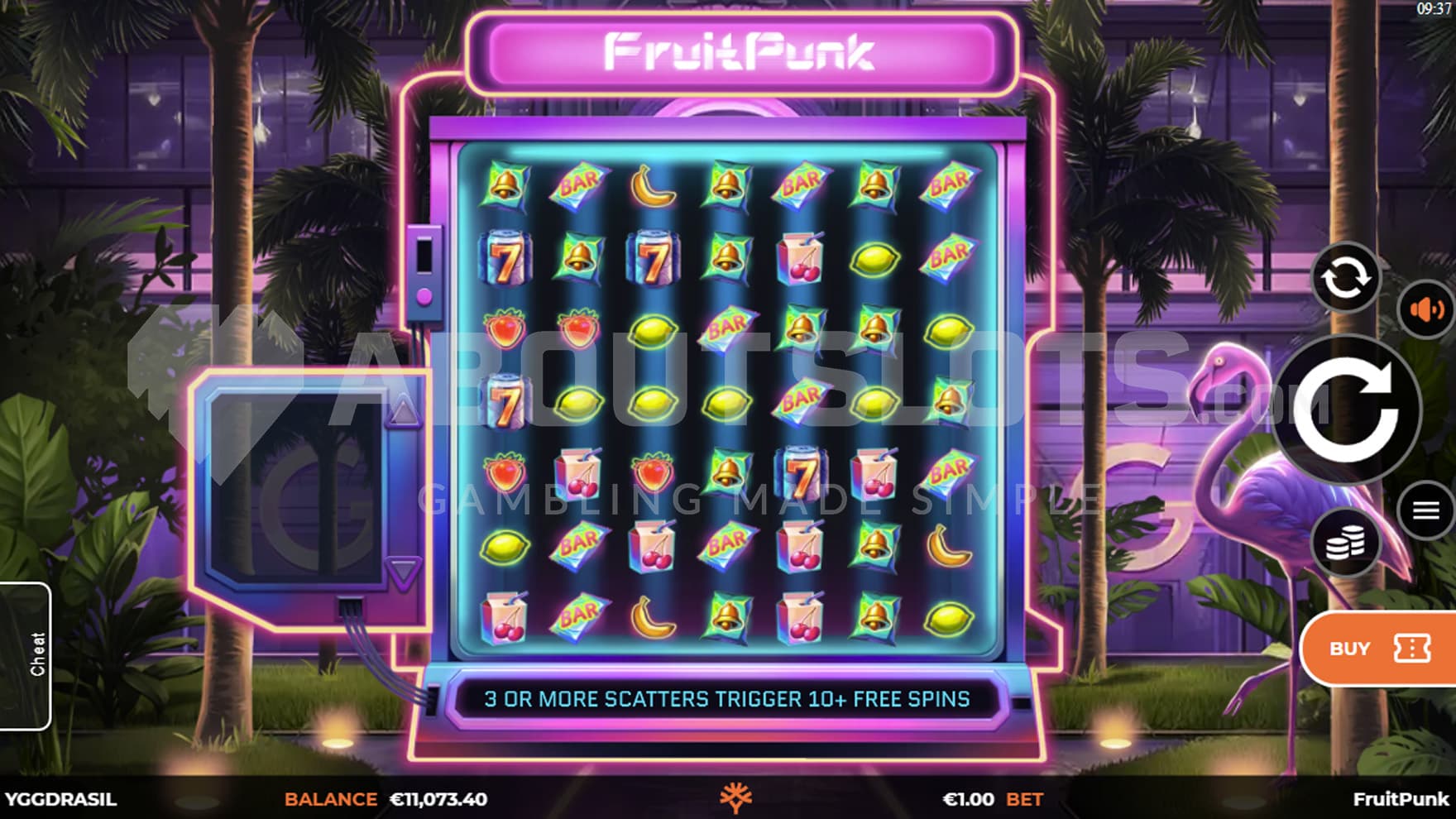 Base Game view of a 7x7 grid on a background of a futuristic building surrounded by tropical vegetation.