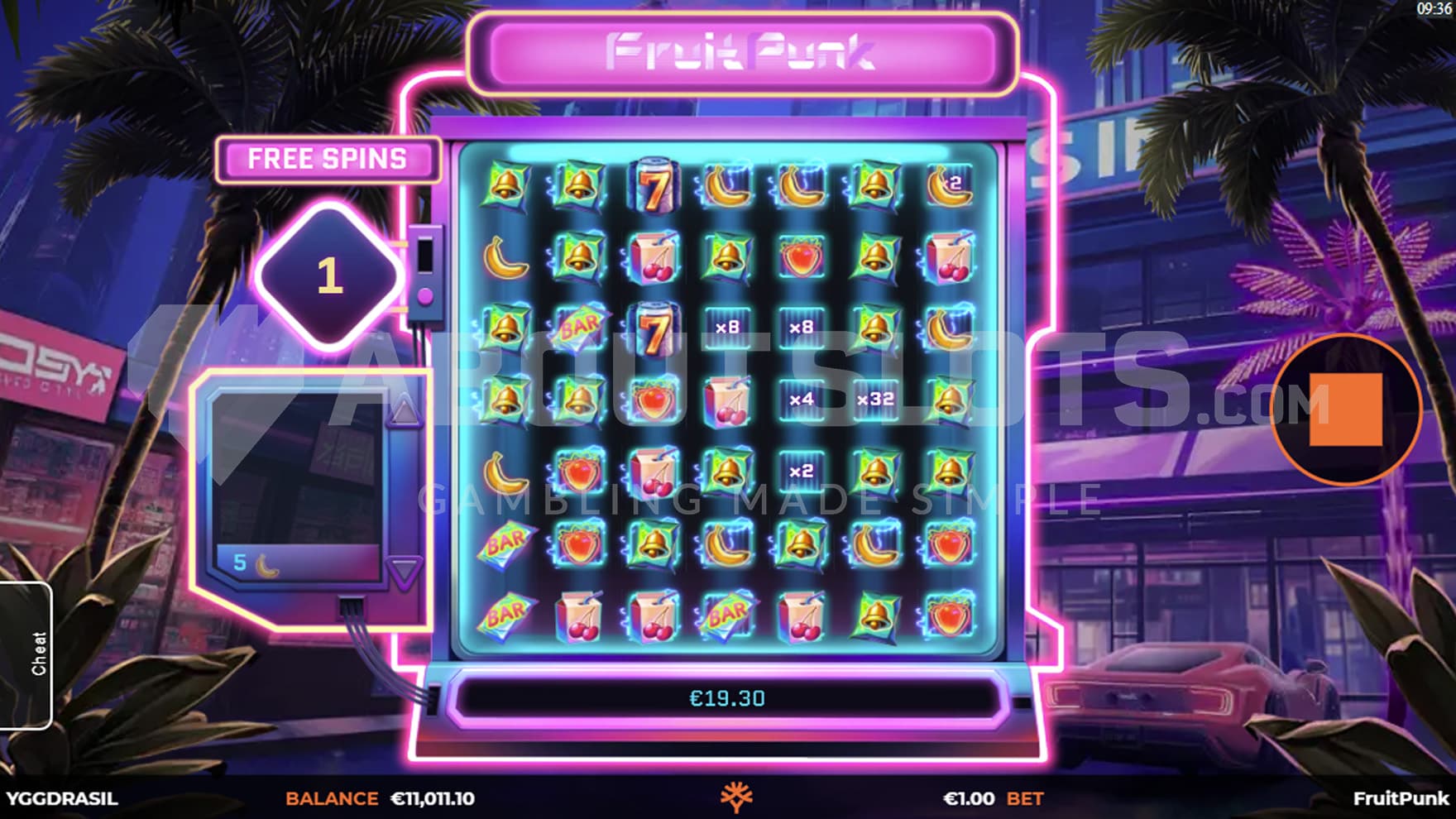 Free Spins bonus in progress, showing multiple positions on the grid with increased multipliers.