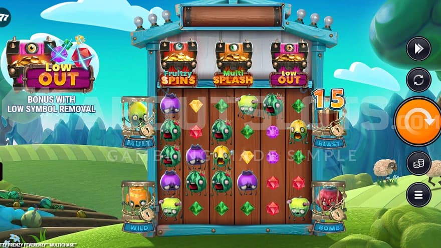 A cartoon-looking casino slot with fruits with human features.