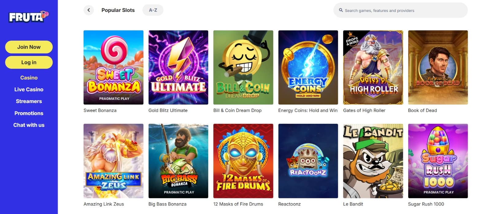 Fruta Casino game page with Sweet Bonanza and Gold Blitz ultimate slots with searchfilter