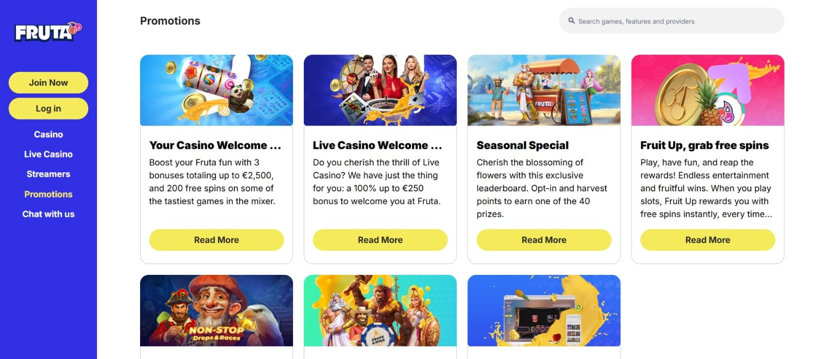 Fruta Casino promotions page with casino and live casino welcome bonuses