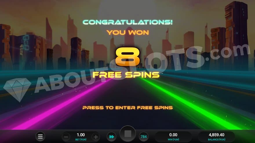 A screen saying: "Congratulations, you won 8 Free Spins."