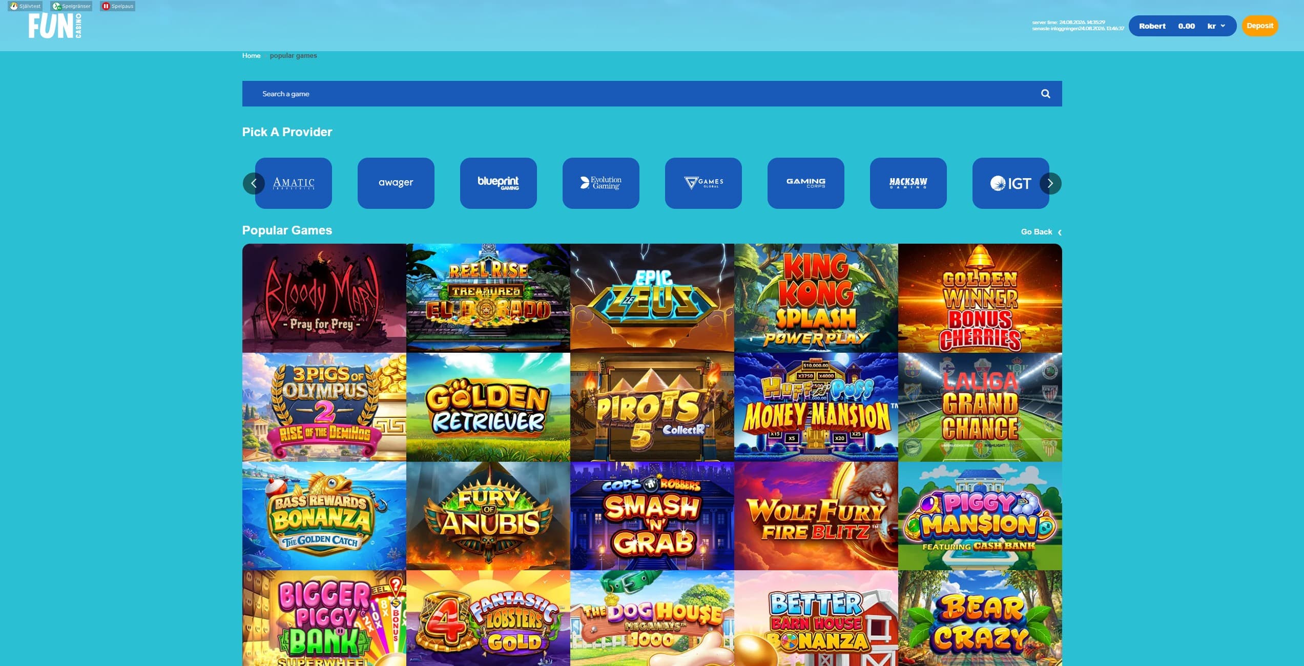 Fun Casino Games Page showing a selection of slot games