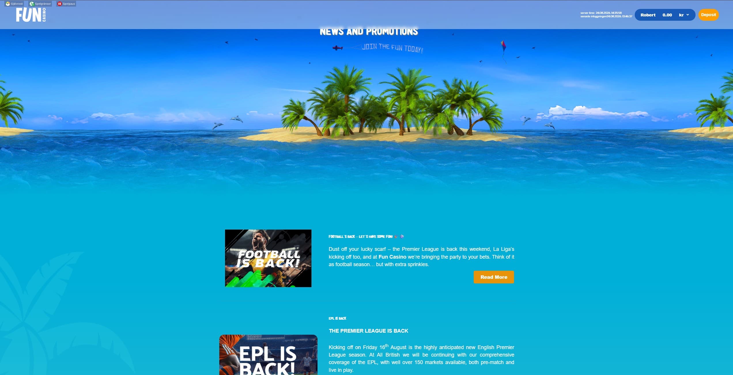 Fun Casino Promotions Page showing available promotions and news
