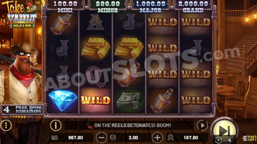 Free Spins feature where you can see the various Jackpots above the reels.