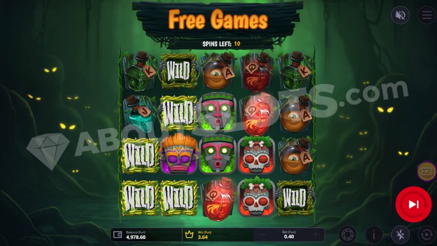 Free Games bonus feature with six wild symbols on the reels.