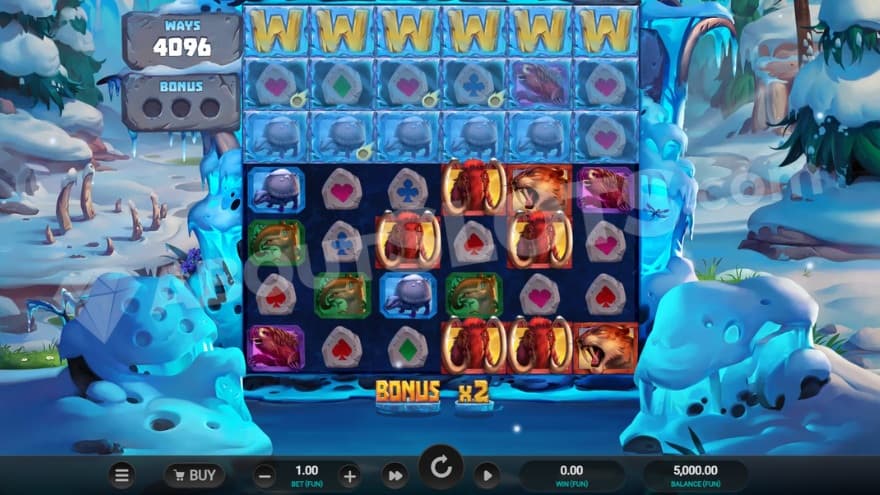 A casino slot with 6 reels and 7 rows where the three in the top are frozen.