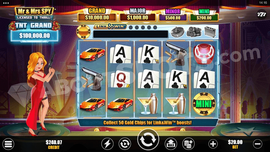 Grid of Mr. & Mrs. Spy slot with spinning reels and an animated character with a red dress and a gun.
