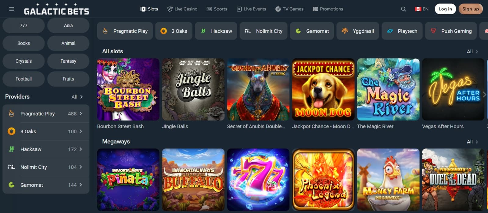 GalacticBets Casino games page with 777 and Vegas after hours slot games