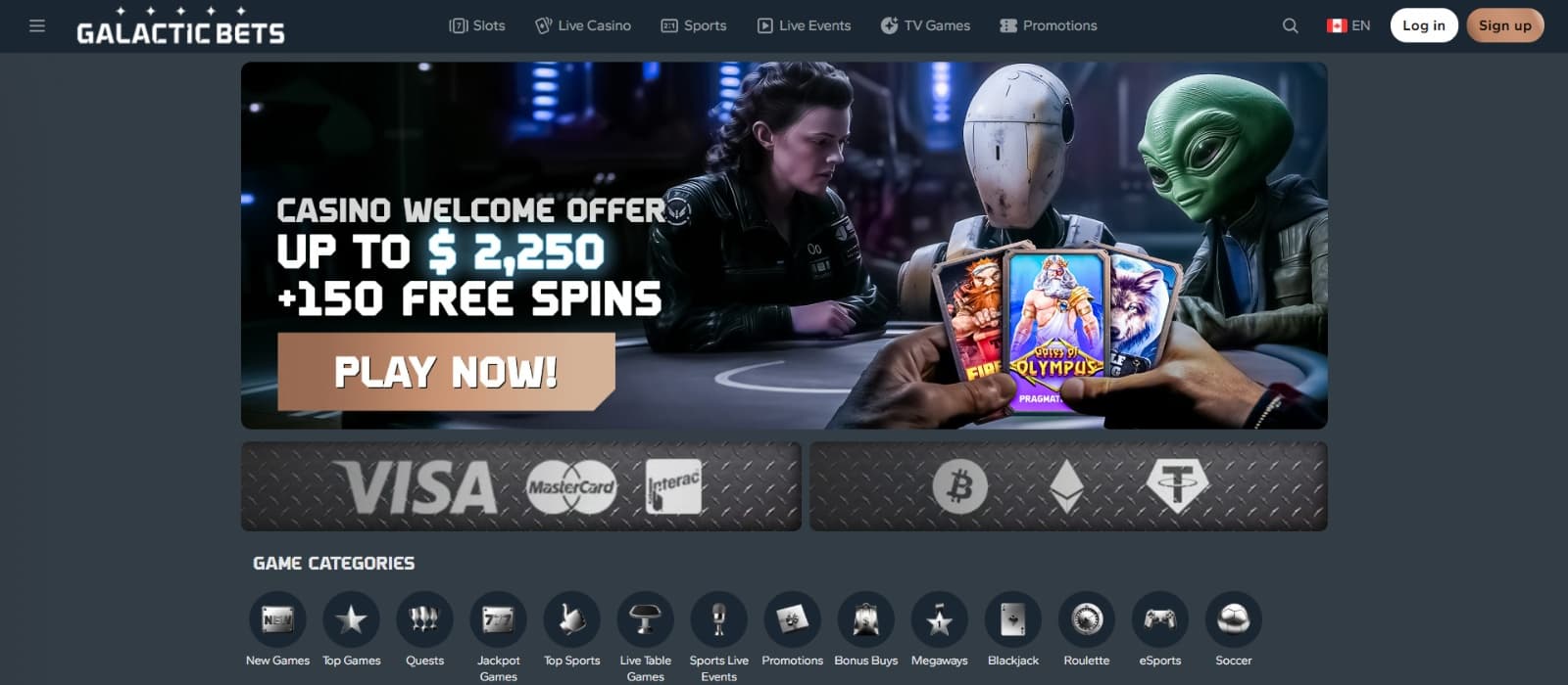 GalacticBets Casino landing page with alien, droid and human playing cards on welcome banner