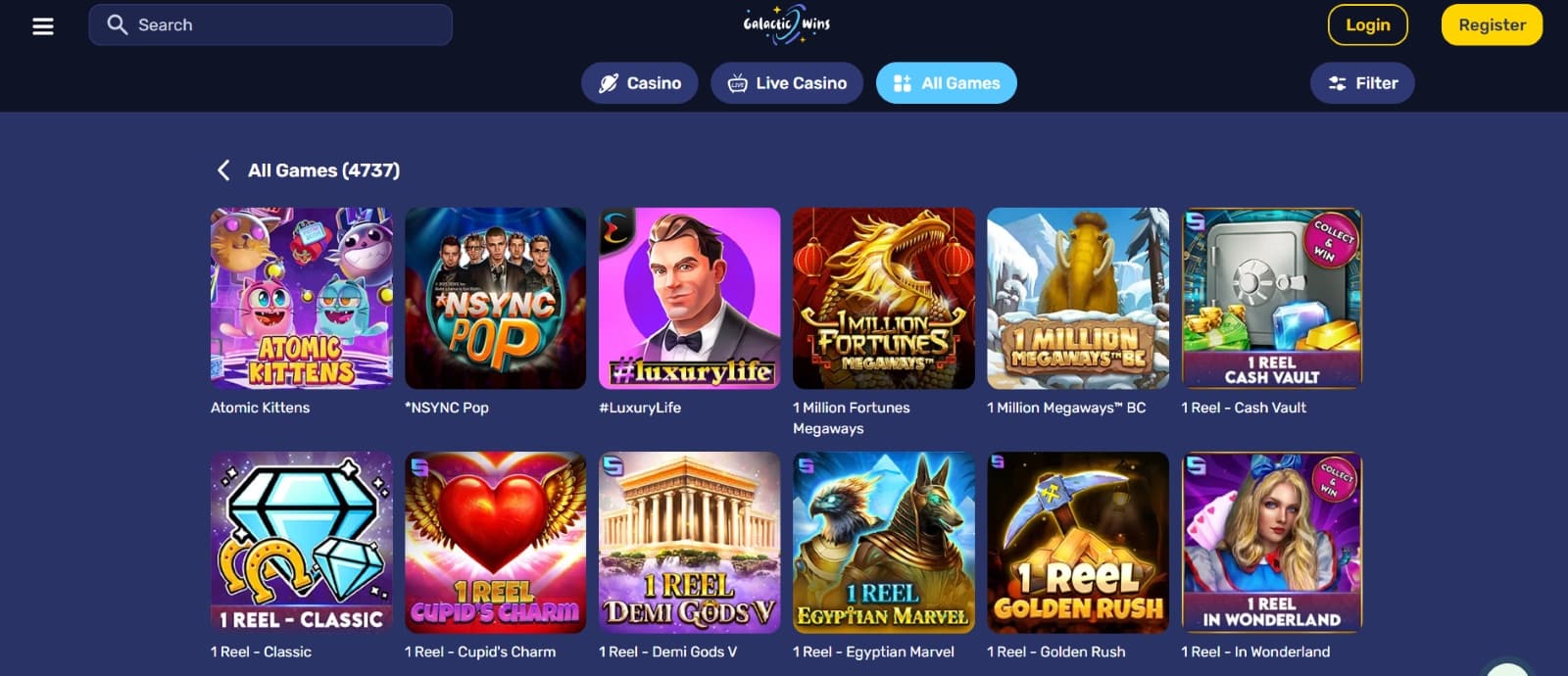 Galactic Wins Casino games page with slots and table games under three category tabs