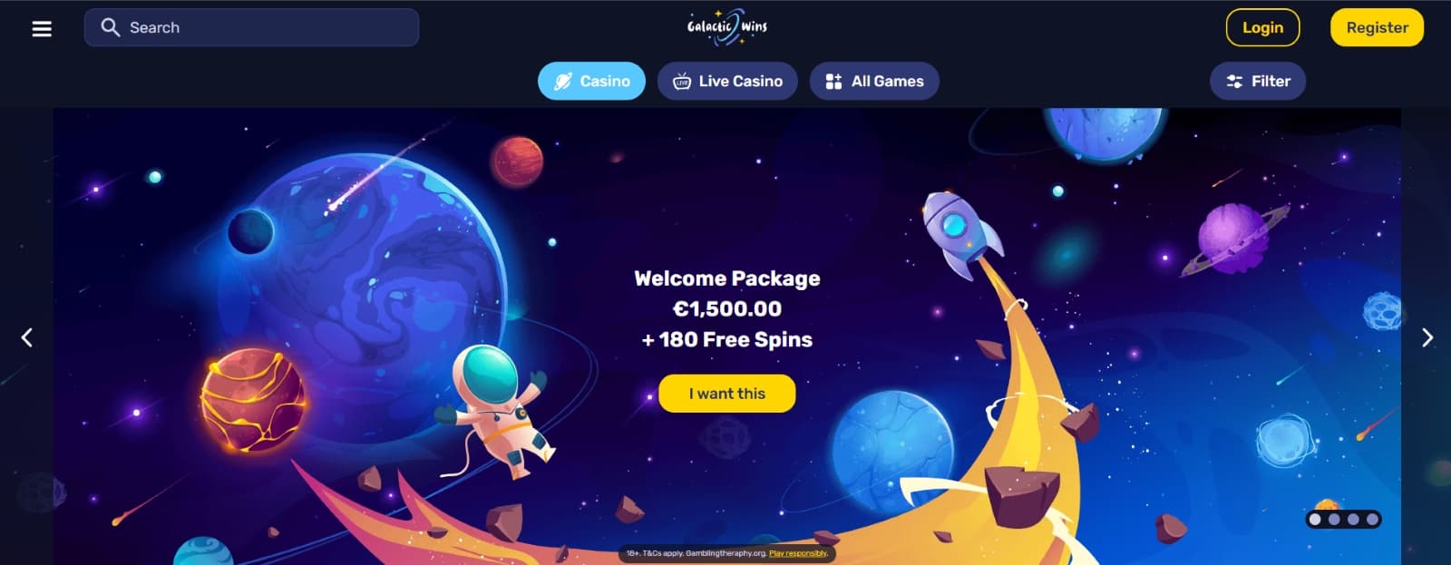 Galactic Wins Casino landing page with intergalactic  theme banner with planets and stars and welcome package details