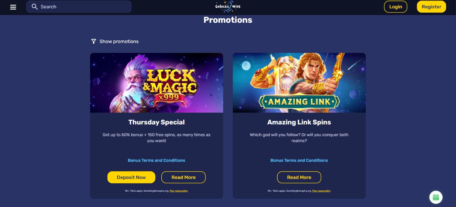 Galactic Wins Casino promotions page with free spins slot release bonus and reload bonus