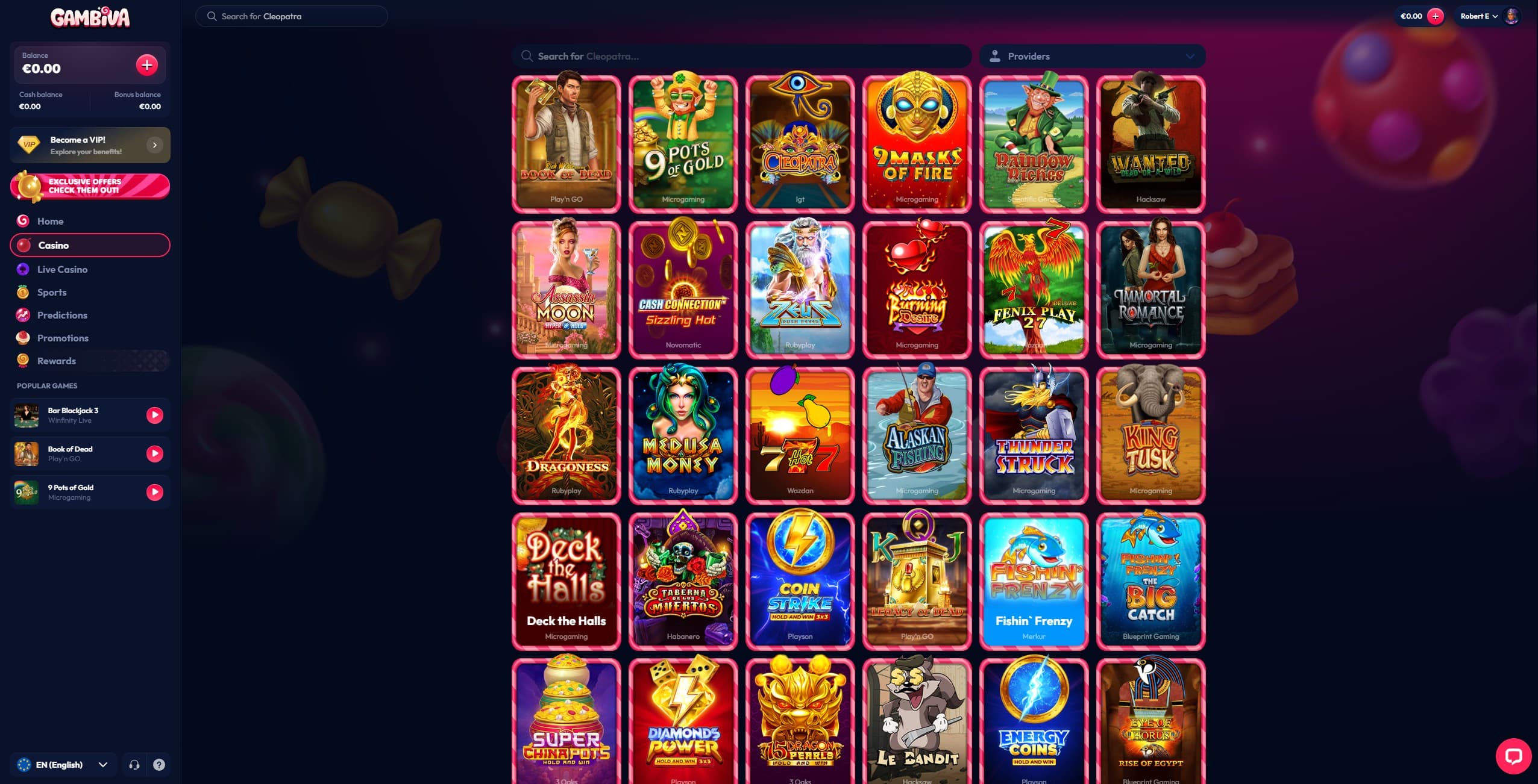 Gambiva Games Page showing a selection of slots and the main menu