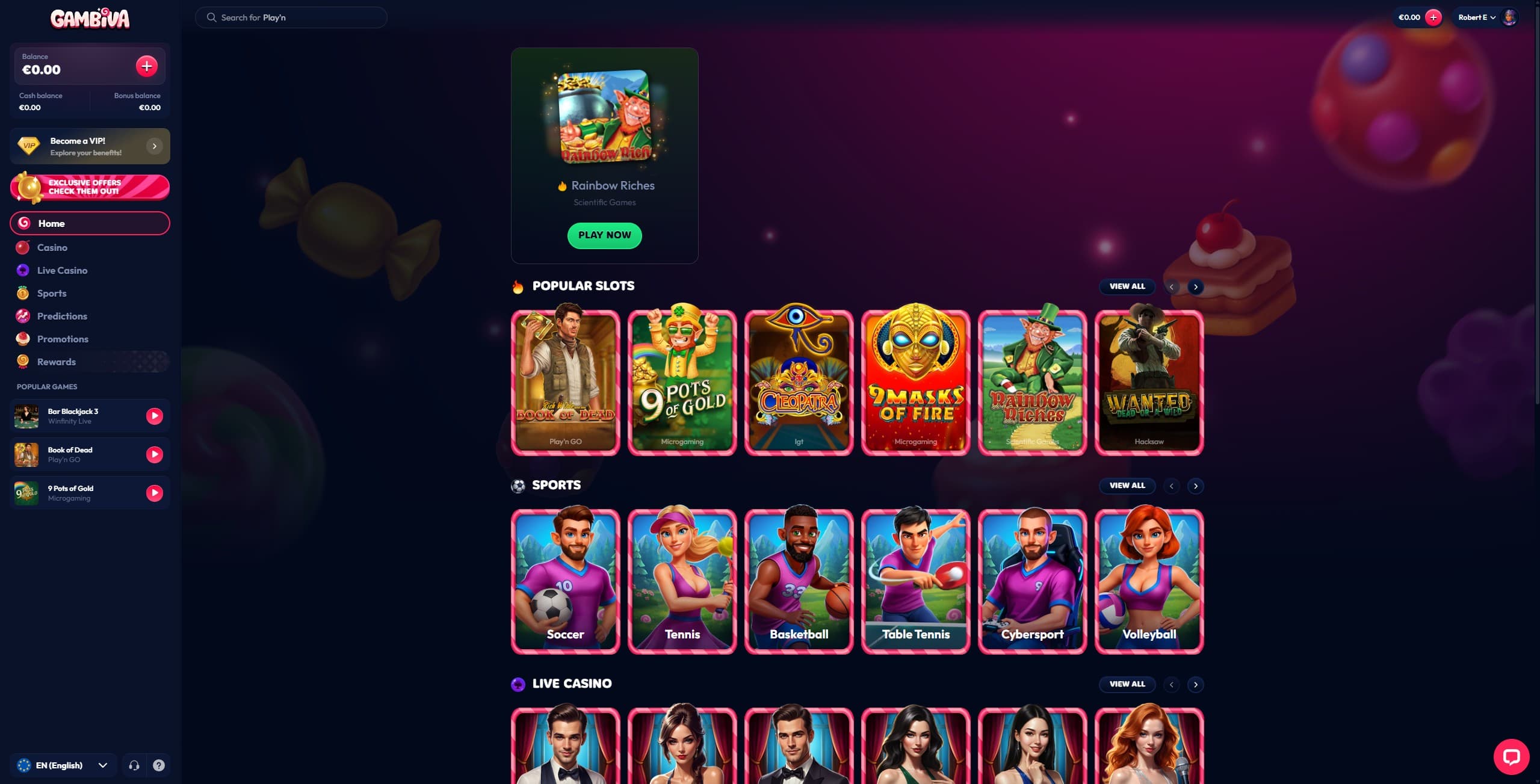Gambiva Landing Page showing a selection of games and the main menu