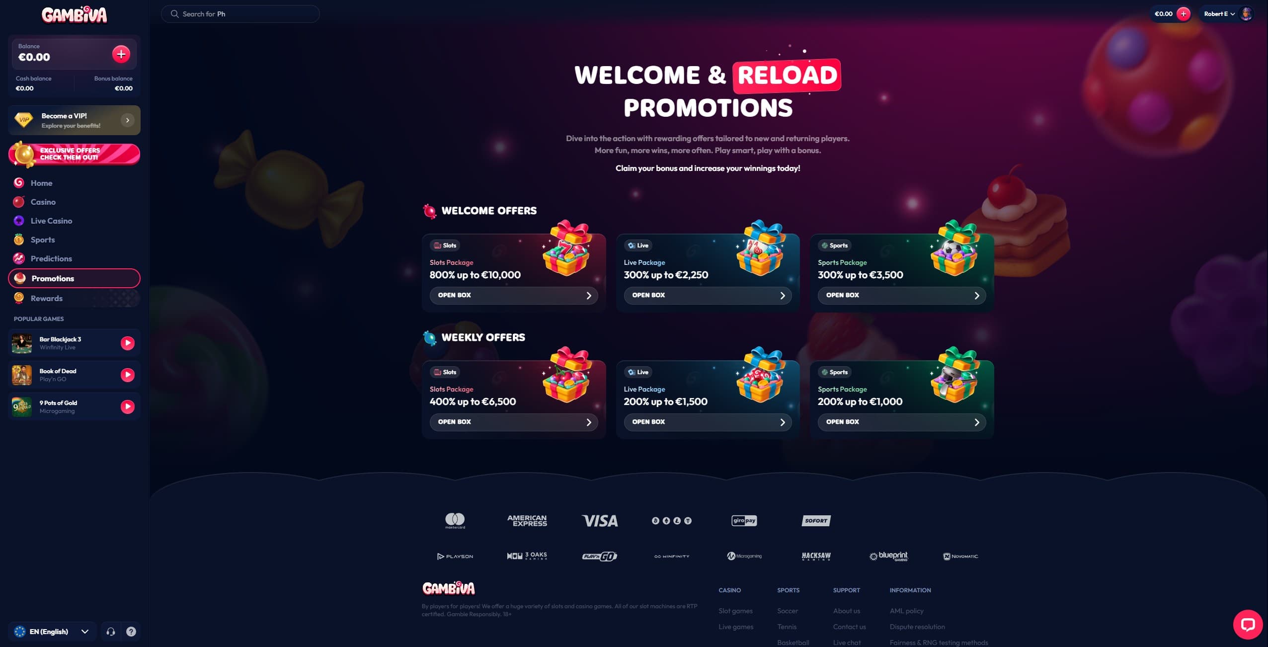 Gambiva Promotions Page showing the available bonuses and promotions