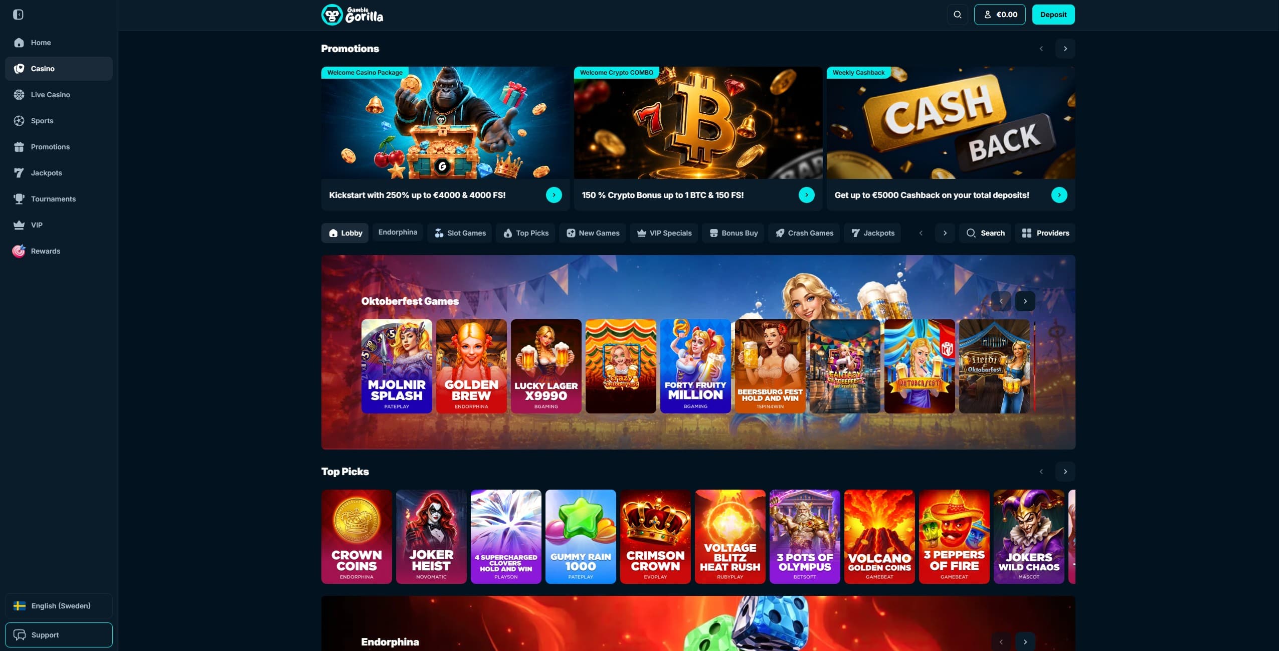 GambleGorilla Games Page showing a selection of slot game categories