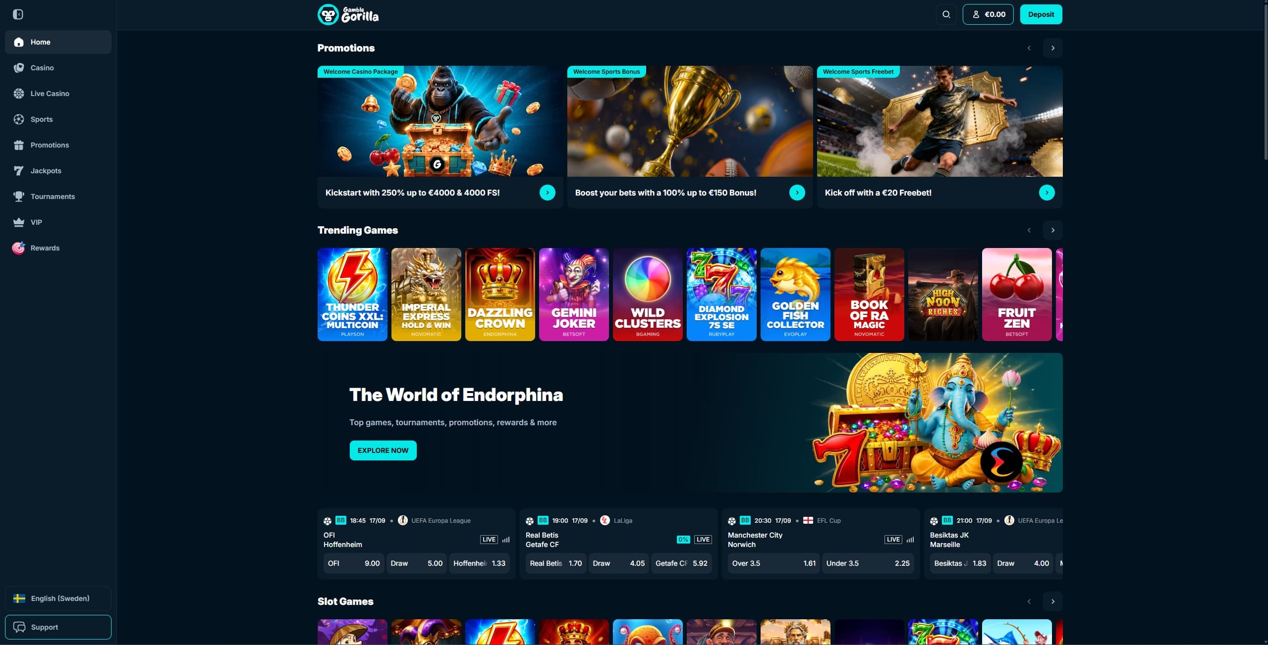 GambleGorilla Landing Page showing a selection of games and the welcome offer