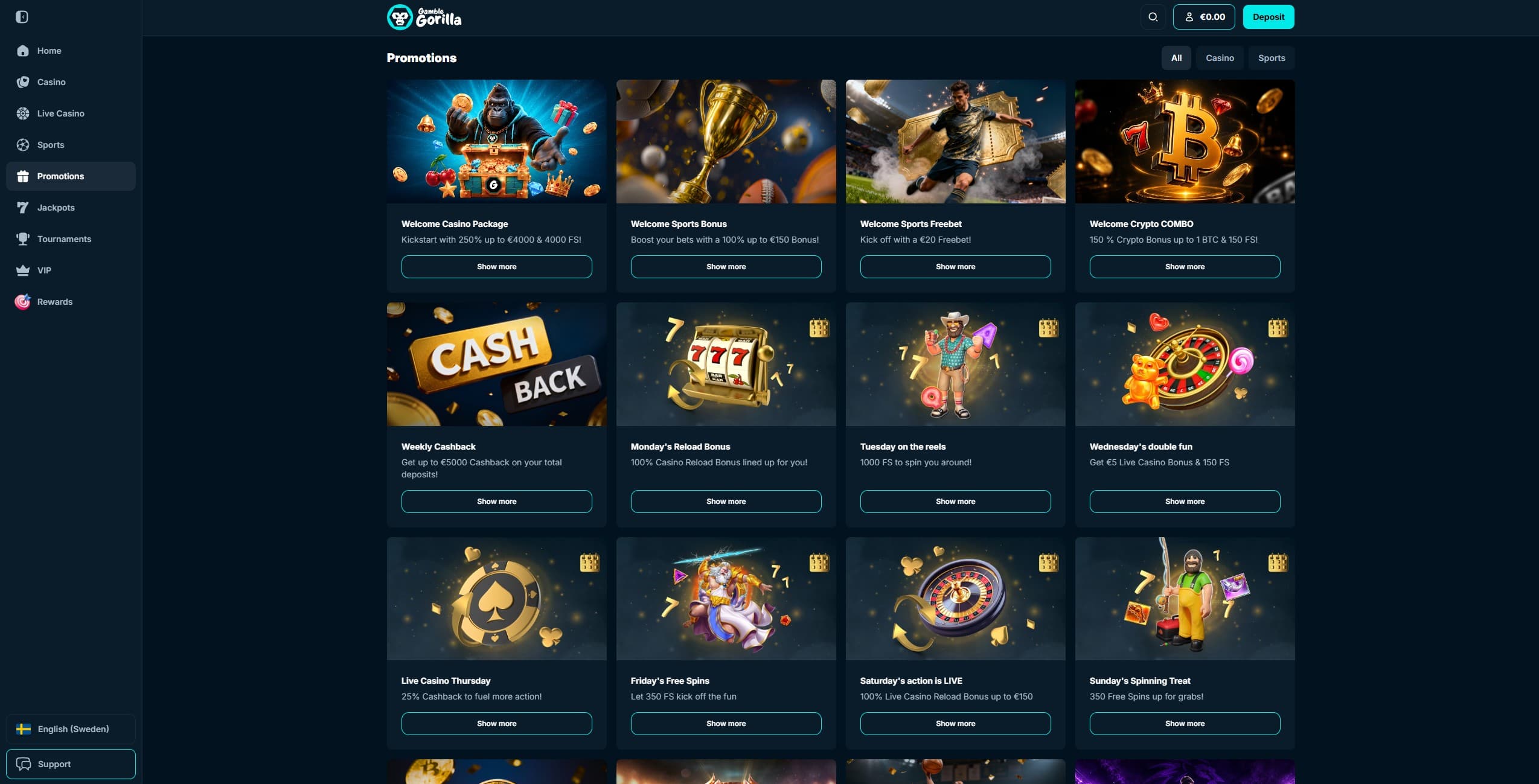GambleGorilla Promotions Page showing the available bonuses and promotions