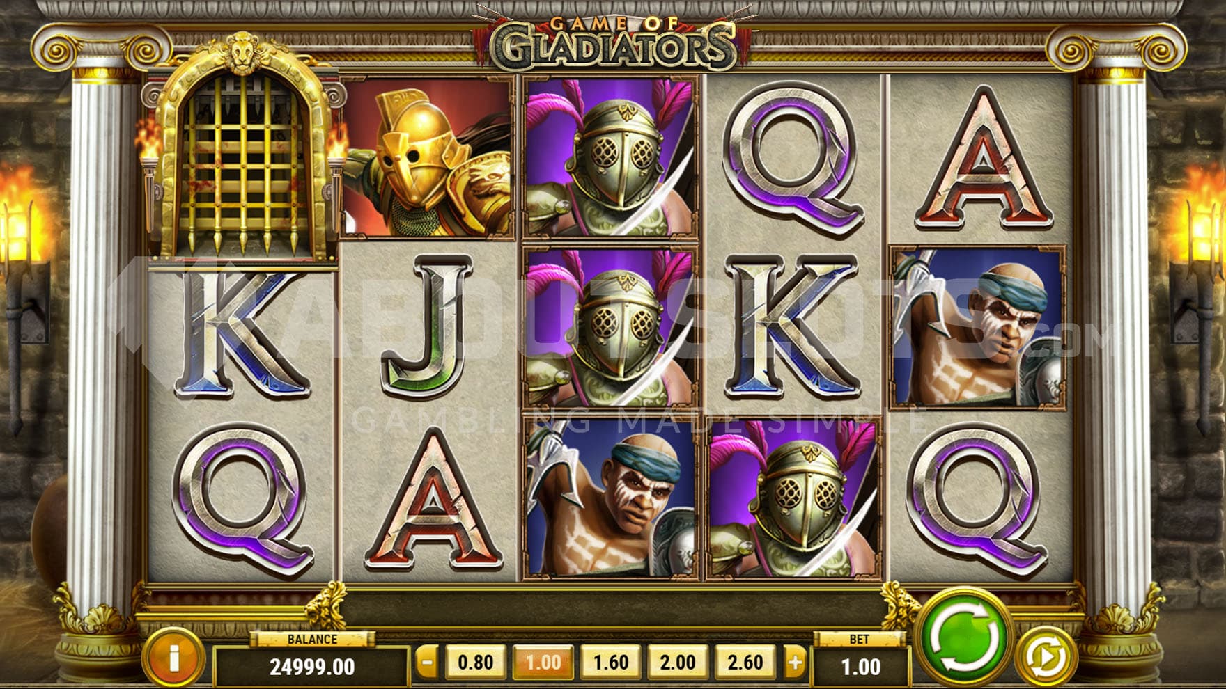 Base Game view of a 5x3 grid on a backdrop of a stone tunnel illuminated by two torches hanging on the wall.