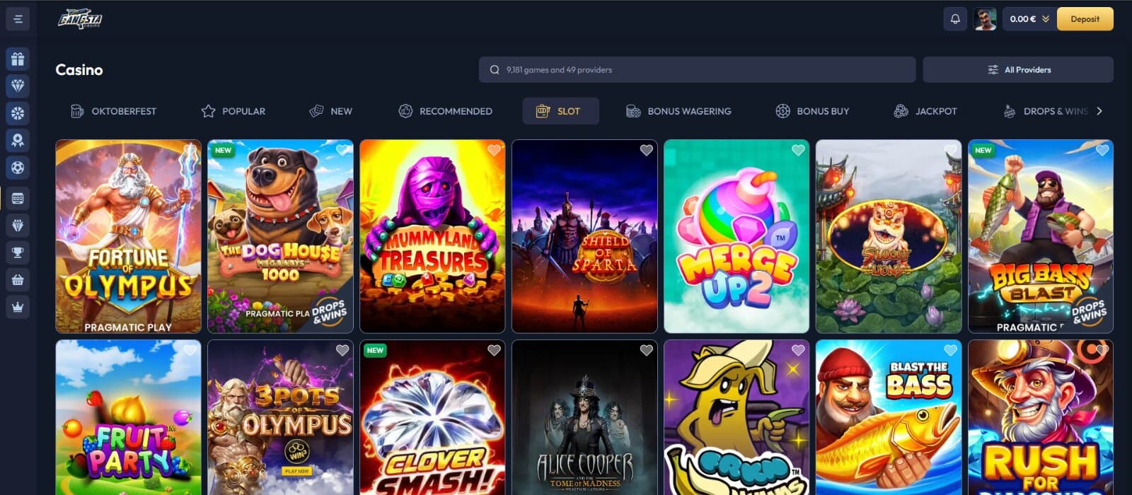 Gangsta Casino games page featuring the slot collection and icons under the main category tabs and filters