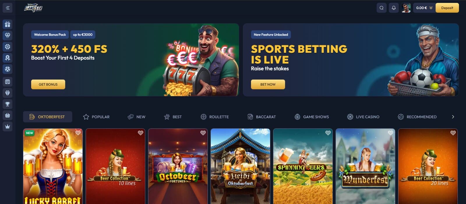 Gangsta Casino landing page featuring the main promotional offers above seasonal game selection, next to side navigational menu
