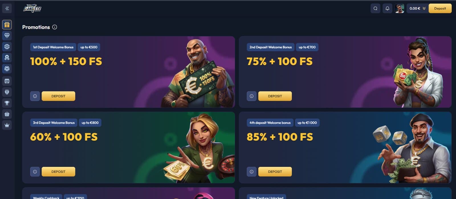 Gangsta Casino promotions page featuring the welcome bonus package, reloads, cashback, and other bonuses with images of gangster characters