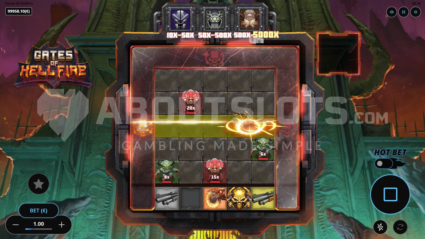 View of the base game with multiple symbols on the Weapon Reel and the active Chainsaw cutting through the grid.