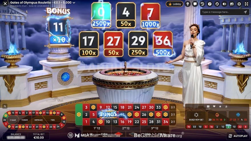 Base Game with a roulette table in the middle and a game host standing on the right side of it.