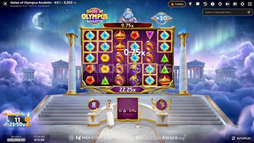 Bonus game feature with a current 22.25x win being presented on the screen.