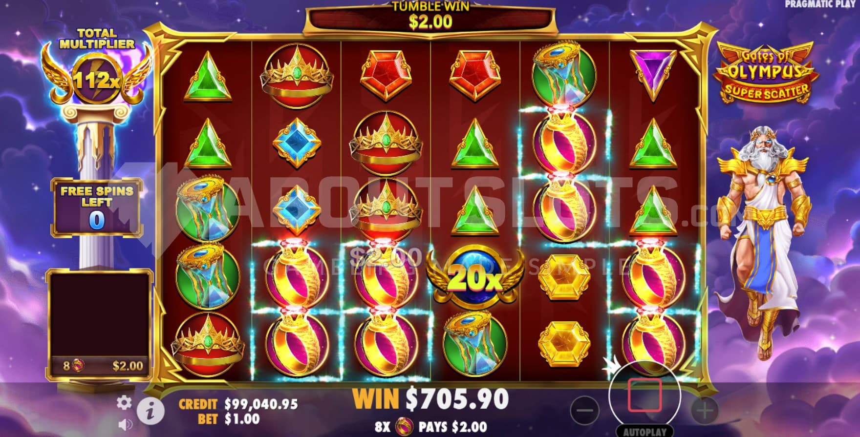 Free Spins bonus game with a total win multiplier of 112X, located on the left side of the reels.