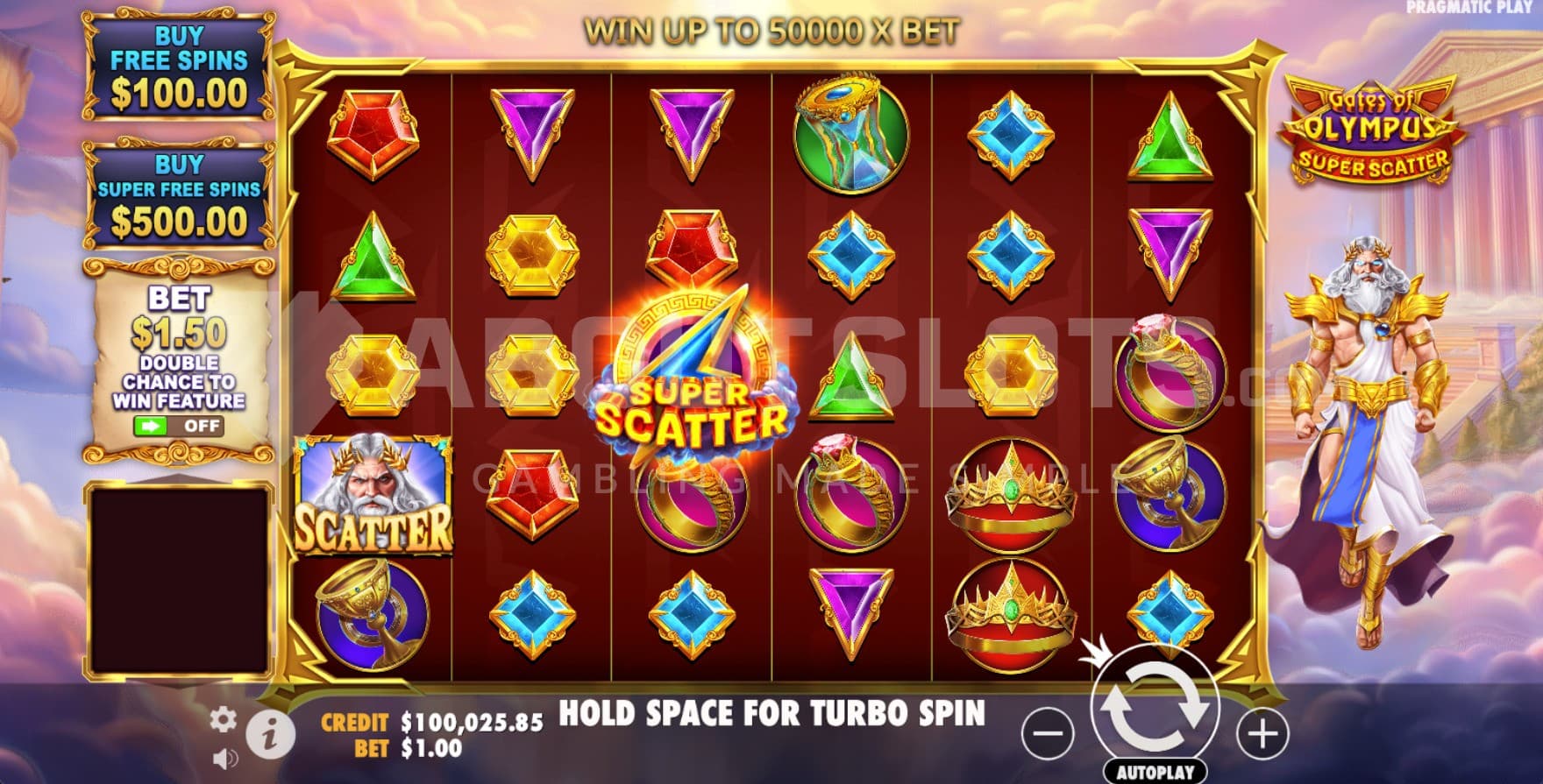 Base game where Zeus can be seen on the right side of the reels.